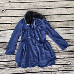 Navy Blue Black Fur Peacoat Peplum Winter Fall XS Small